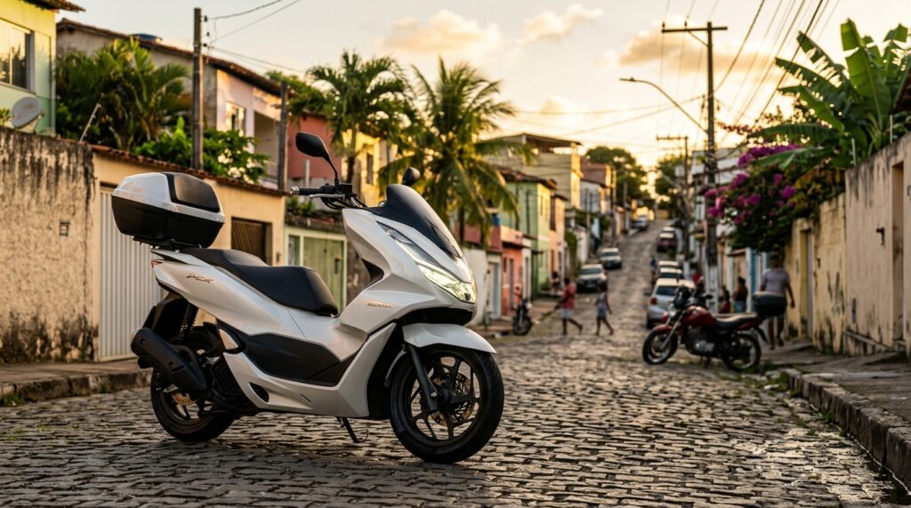 Honda PCX 160, destacando sua economia de combustível, preço acessível e atributos que a tornam a scooter líder de vendas no Brasil.