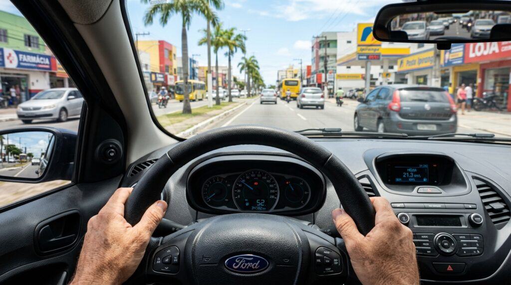 Ford Ka 1.0 3-cilindros como um hatch compacto que oferece alto consumo urbano (15 km/l), agilidade e ótimo custo-benefício no mercado de seminovos, com dados do Inmetro.