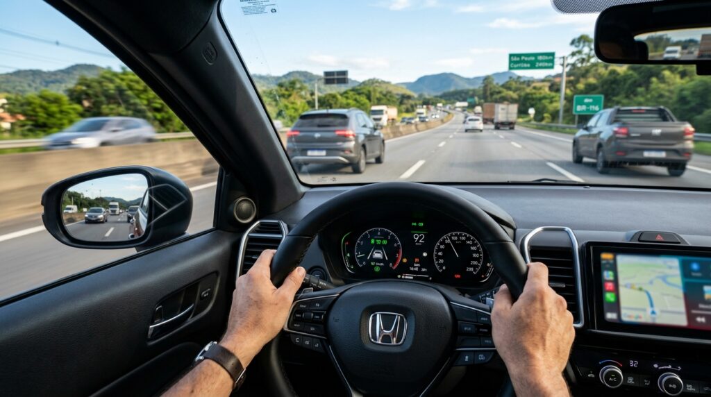  Honda City Sedan 2026 como um sedã de entrada com atributos premium, destacando sua eficiência energética na estrada, o pacote de segurança ativa Honda Sensing e o preço competitivo no segmento.