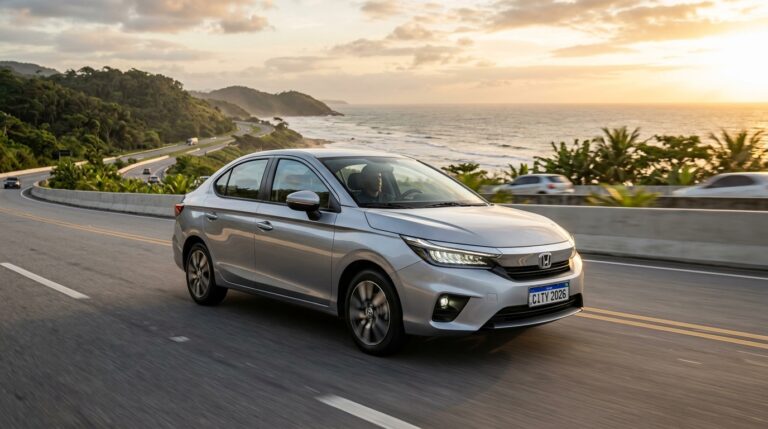 Honda City Sedan 2026 como um sedã de entrada com atributos premium, destacando sua eficiência energética na estrada, o pacote de segurança ativa Honda Sensing e o preço competitivo no segmento.