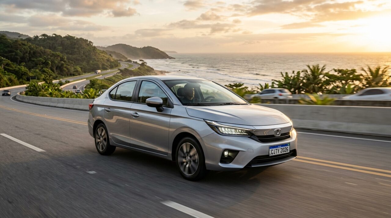 Honda City Sedan 2026 como um sedã de entrada com atributos premium, destacando sua eficiência energética na estrada, o pacote de segurança ativa Honda Sensing e o preço competitivo no segmento.