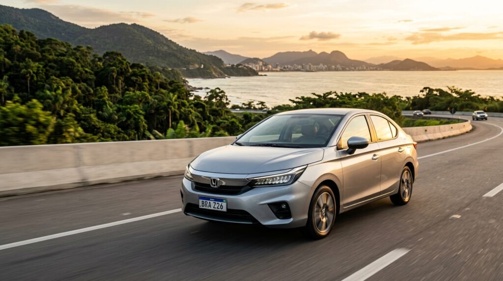  Honda City Sedan 2026 como um sedã de entrada com atributos premium, destacando sua eficiência energética na estrada, o pacote de segurança ativa Honda Sensing e o preço competitivo no segmento.