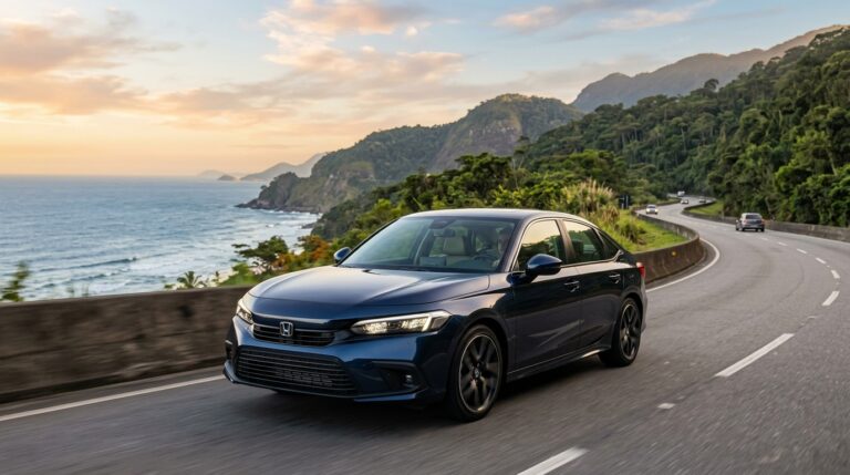 Honda Civic Touring, na versão híbrida atual, entrega consumo de estrada de 15,9 km/l e aceleração de 184 cv, superando carros populares em eficiência e luxo.