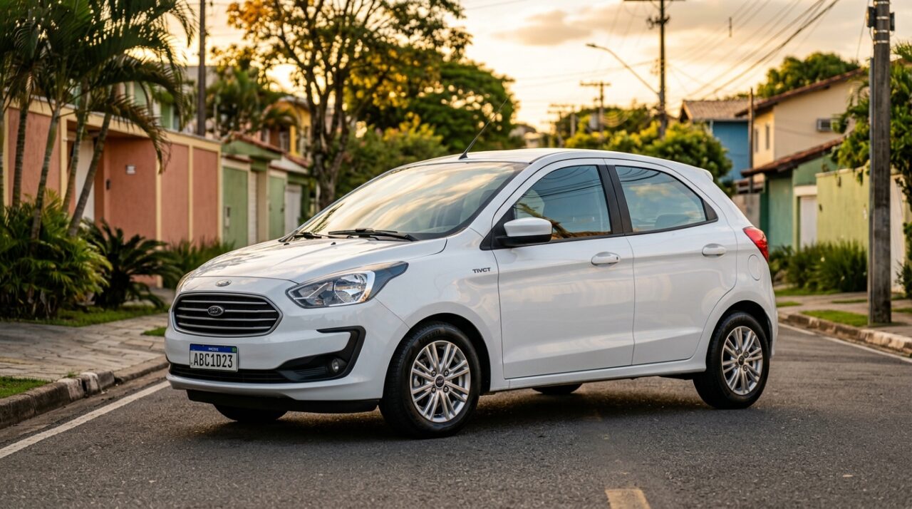 Ford Ka 1.0 3-cilindros como um hatch compacto que oferece alto consumo urbano (15 km/l), agilidade e ótimo custo-benefício no mercado de seminovos, com dados do Inmetro.