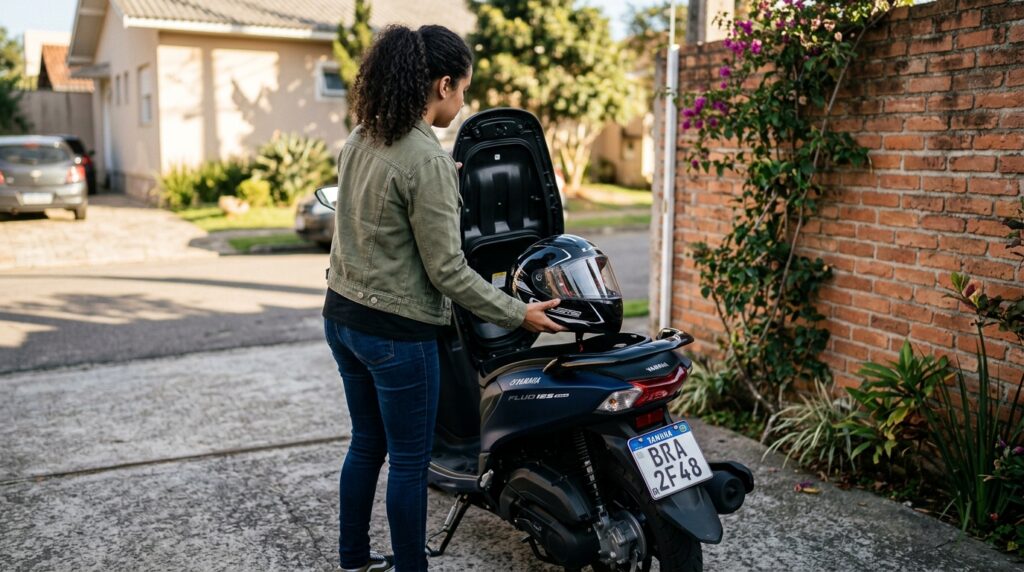 Yamaha Fluo 125 ABS, destacando o baixo consumo de combustível, os equipamentos de segurança e conforto, e o preço competitivo no segmento de scooters de entrada.