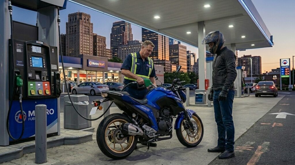 Yamaha Fazer 250 como uma motocicleta que combina economia de combustível, segurança e preço acessível, destacando seu consumo de 35 km/l, freios ABS de série e valor de mercado.